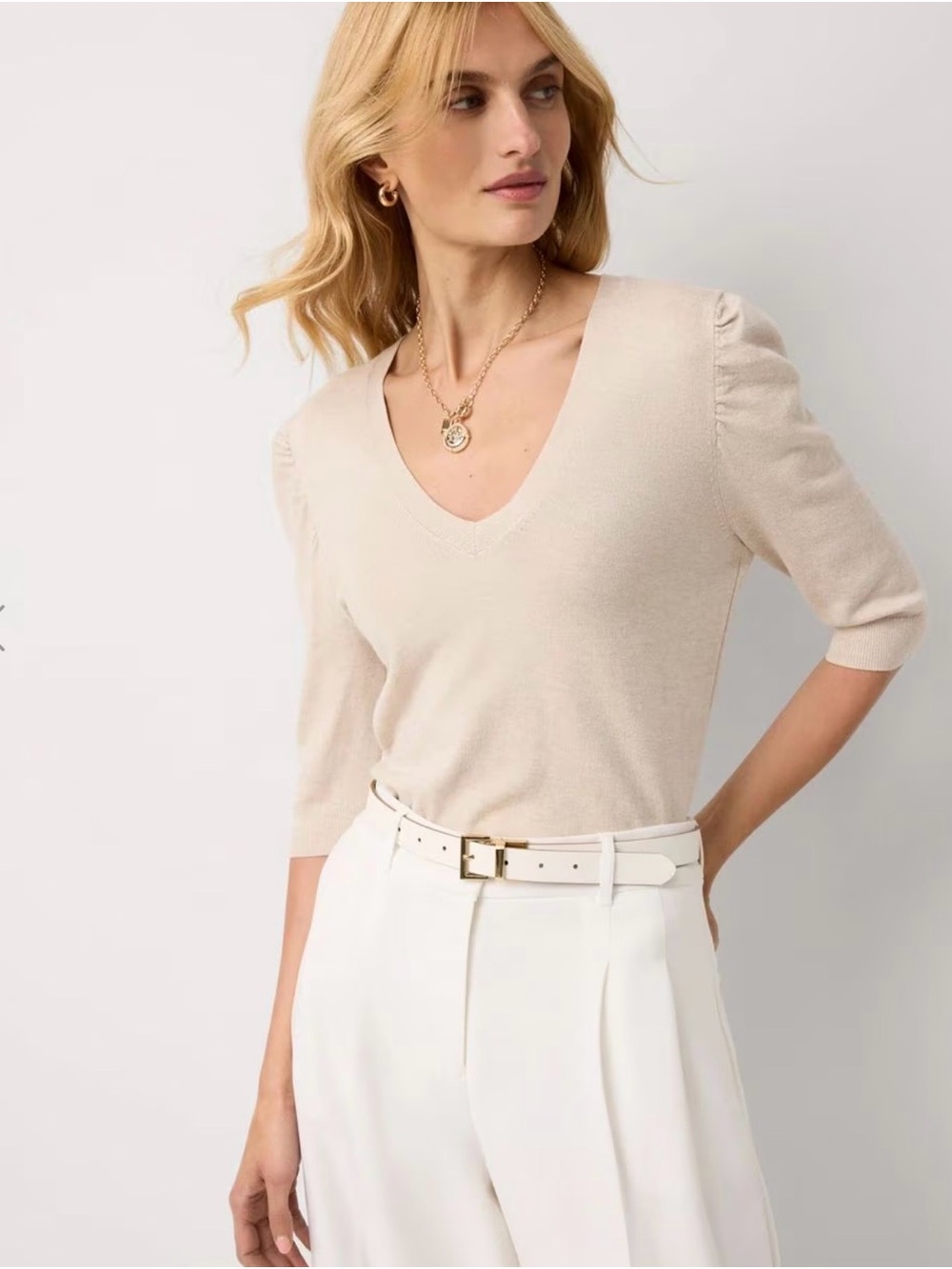 NWT White House Black Market Beige V-Neck Knit Top